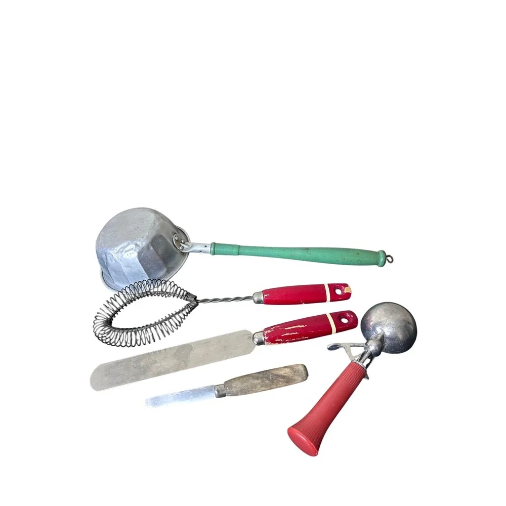 Vintage Kitchen Utensil Set Ice Cream Scoop Whisk Spatula Ladle Red Handle 5 Pcs